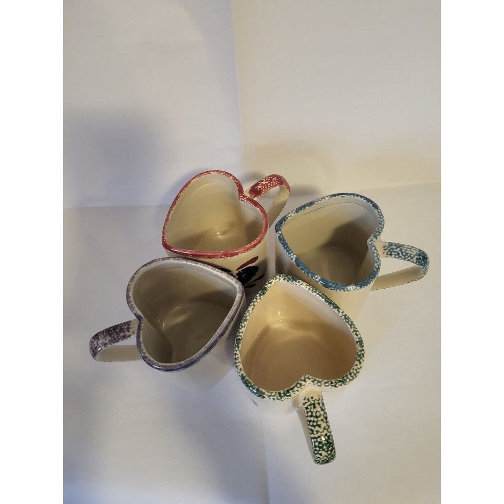 Vtg Set Of 4 Hermitage Pottery Heart Mugs Country Farmhouse Primitive Valentine